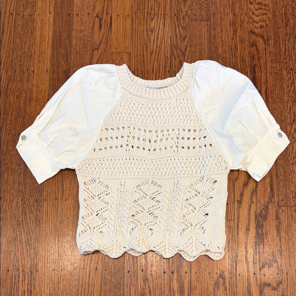 Zara Crochet Knit Combination Puff Sleeve Blouse Cream S